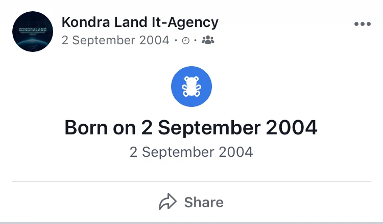 Kondraland IT agency Facebook page: a post marking the founding date, 2 September 2004